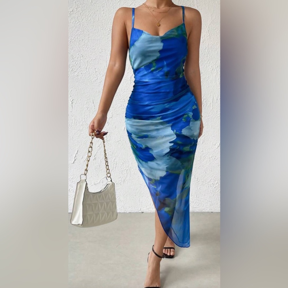 SOLD - Blue Bodycon Asymmetrical Dress - Picture 1 of 7